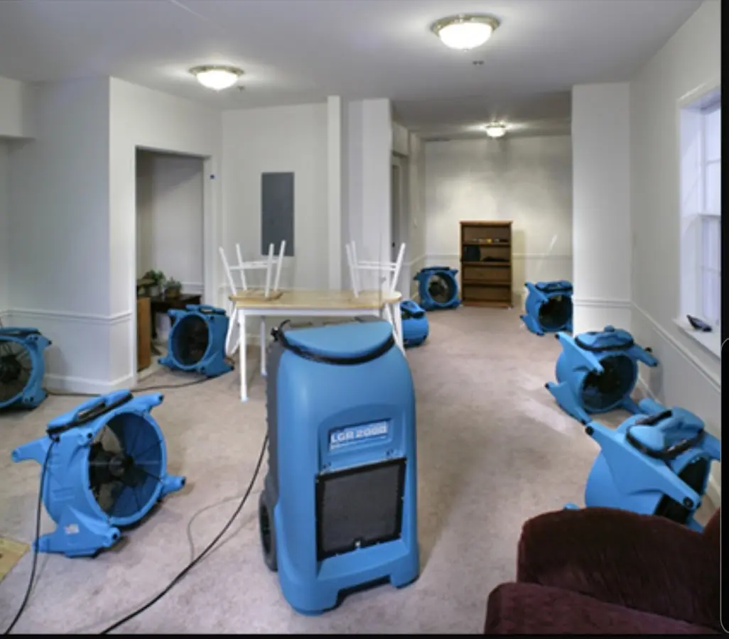 Air movers and dehumidifier setup for Water Damage Restoration in Beech Grove